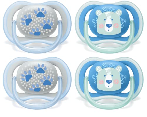 PHILIPS AVENT Ultra Air Pacifier, 6 18 Months, Bear/paw, 4 Pack, SCF085/09, Blue/Green, 4 Count (Pack of 1)