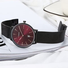 CURREN Mens Analog Watch Black Gunmetal Case Red Dial Date Window Black Stainless Steel Bracelet