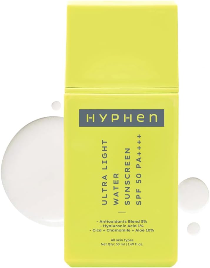 Hyphen Ultra Light Water Sunscreen Spf 50 Pa ++++ Uva-Uvb & Blue Light Protection, No White Cast, Dewy With 5% Antioxidants Niacinamide Vitamin E Blend, For Men & Women, Fragrance Free - 50Ml - All