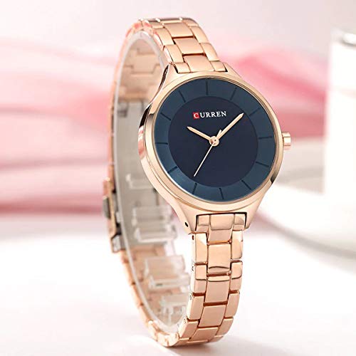 CURREN Elegant Design Women's Watch, Shiny Hands, Minimalist Dial with Stainless Steel Extendable Adjustable Strap with Butterfly Clasp for Safety, Blue with Gold, M, Casual