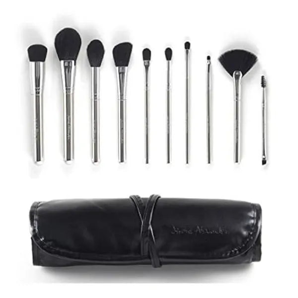Jerome Alexander 10 Piece Professional-Grade Cosmetic Brush Set with Synthetic Bristles and Chrome Ferrule in Black