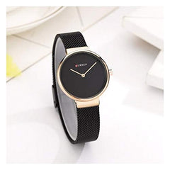 Curren Quartz Movement 9008 Stainless Steel Strap Round Analog Black Watch for Women