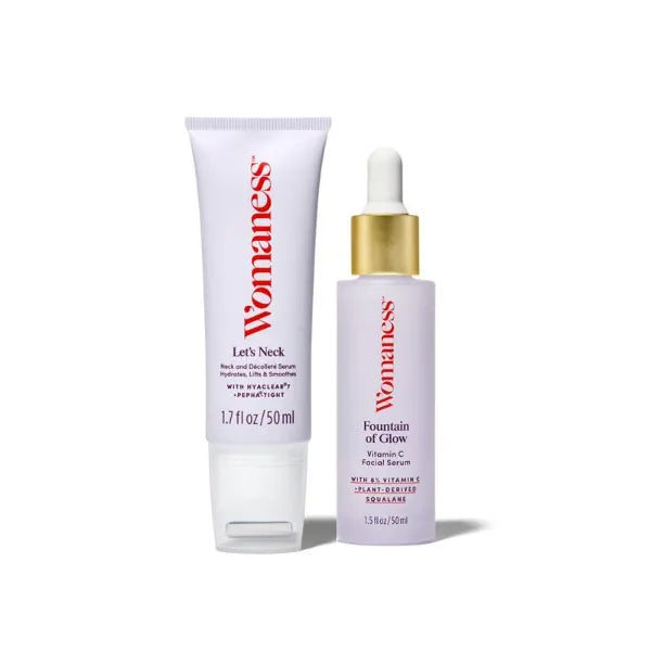 Womanness Tight & Radiant Kit – Vitamin C Face Serum with Squalane + Firming Neck Serum with Cooling Roller – Brightening & Lifting Anti-Aging Skincare Set (30ml + 50ml)