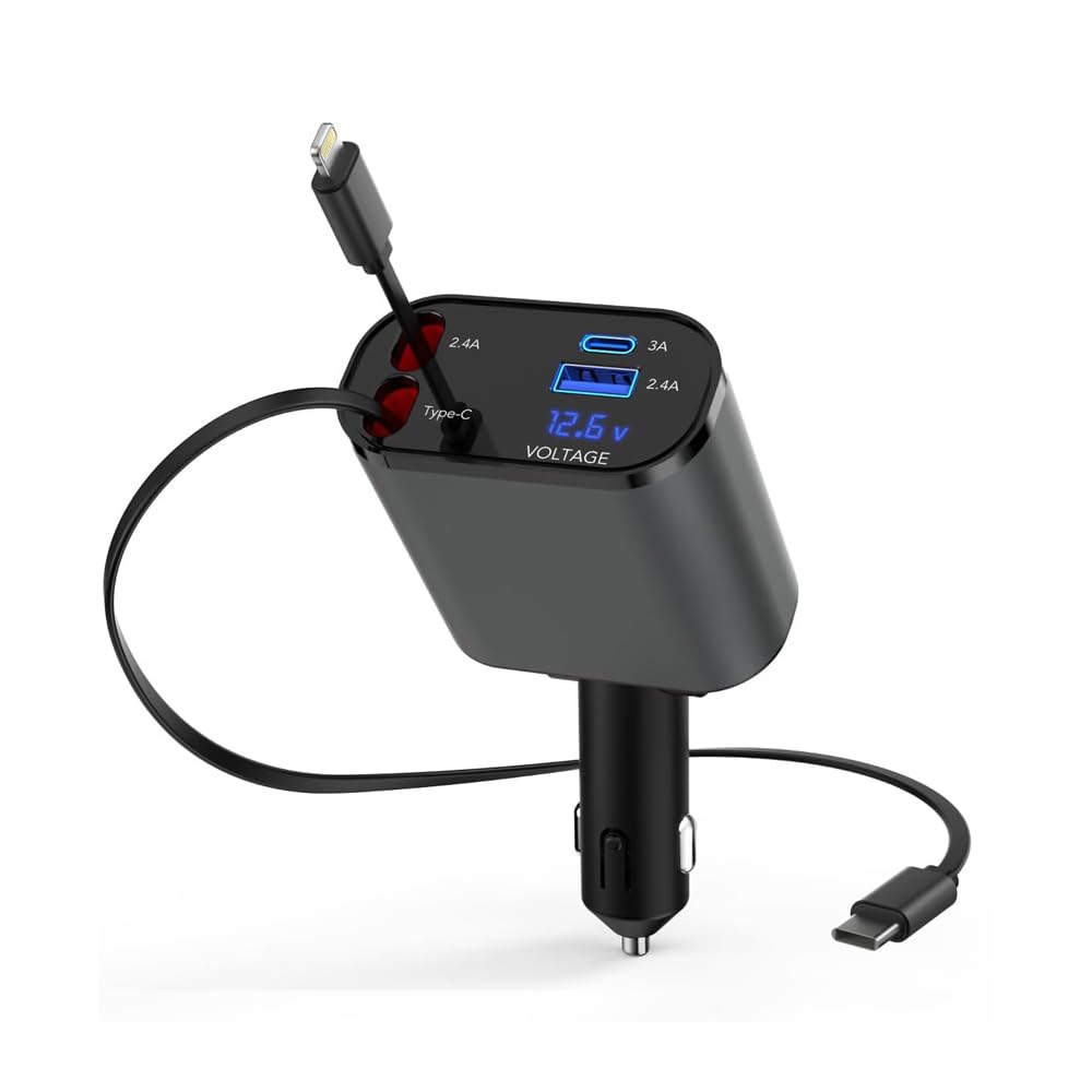 FOKKAH 60W Retractable Car Charger Compatible with iPhone16/15/14/13/12/11,Fast Car Power Adapter PD20W /Type-C 40W,Car USB Fast Phone Charger (Quadrate)