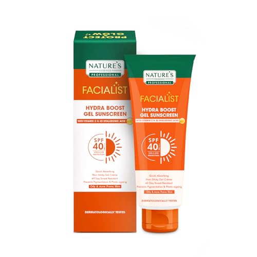 Nature's Essence Professional Hydra Boost Gel Sunscreen SPF 40 PA+++ Infused with Vitamin C & 4D Hyaluronic Acid for Oily & Acne Prone Skin, hydrating UV A, UV B & Blue Light Protection 80gm.