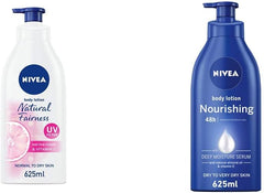 NIVEA Body Lotion Even Tone, Natural Fairness Complex & Vitamin C, All Skin Types - 625ml & Nourishing Body Lotion, Almond Oil & Vitamin E Extra Dry Skin, 625ml