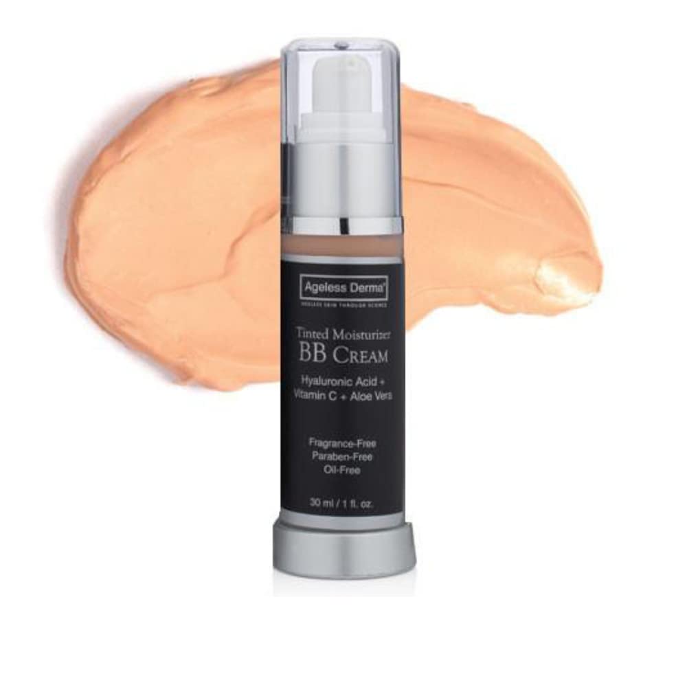 Ageless Derma BB Cream Face Tinted Moisturizer Foundation with Hyaluronic Acid and Vitamin C. Made in USA