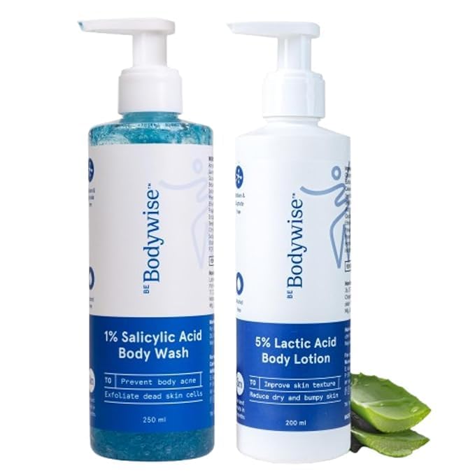 Be Bodywise 5% Lactic Acid Body Lotion (200ml) & 1% Salicylic acid Bodywash (250ml) for Women | Helps to Prevent Body Acne, Cleanses Skin & Nourishes Skin | Paraben and SLS free