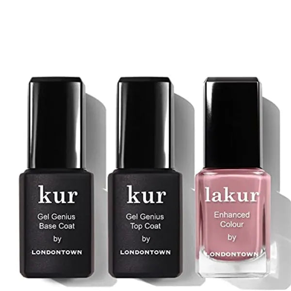 LONDONTOWN Manicure Trio Set Gel Genius Top & Base Coat, Lakur Nail Polish, Crowning Crumpet Sheer Mani