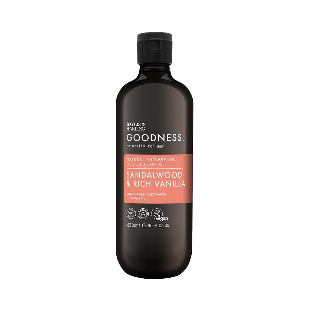 Baylis & Harding Goodness Men's Shower Gel, Sandalwood & Vanilla, 500ml| Natural Formula | Enriched with Essential Oils & Organic Extracts | Vegan