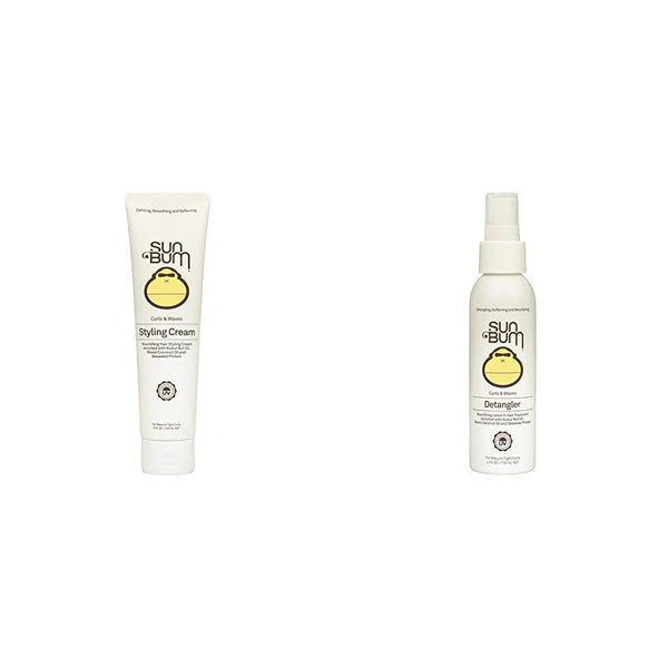 Sun Bum Vegan Curls and Waves Styling Cream and Detangler Bundle - 5 oz Cream and 4 oz Detangler for Wavy and Curly Hair