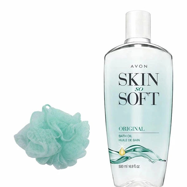 Avon Bath Sponge + Skin So Soft Original Bath Oil Spray with Pump – Daily Cleansing & Moisturizing Bath Set