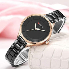 CURREN Elegant Design Women's Watch, Brilliant Hands Minimalist Dial with Adjustable Link Stainless Steel Extendable with Butterfly Clasp for Extra Safety (Gold with Blue) (Gold with Blue) (Black with