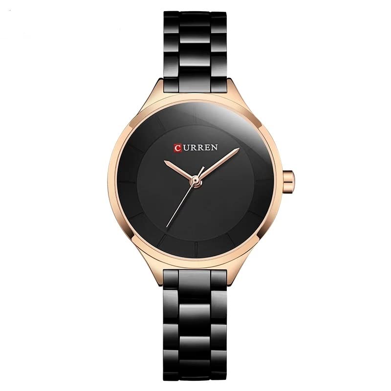 CURREN Ladies Analog Watch Rose Gold Stainless Steel Case Black Dial Black Stainless Steel Bracelet