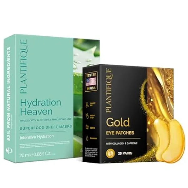 PLANTIFIQUE Facial Sheet Mask Hydration Heaven 5 pack & Gold Eye Patches for Puffy Eyes 20 Pairs
