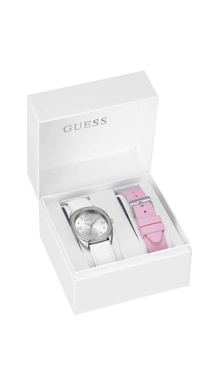 GUESS P SLV CS W/CRYS/SUN SLV DL/WHT SMTH LTR STRP/PINK SMTH SILICONE STRP