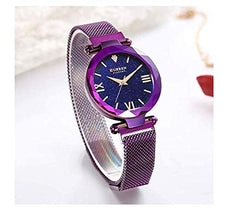 CURREN 9063 Luxury Women Watches Mesh Ladies Clock Magnet Buckle Starry Diamond Geometric Surface Casual Dress Quartz Wrist watch - Purple