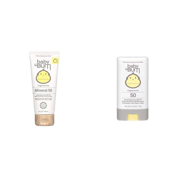 Sun Bum Baby Mineral SPF 50 Sunscreen Lotion 3 FL OZ and Mineral SPF 50 Sunscreen Stick 0.45 OZ Travel Size Bundle
