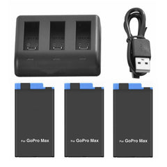 eWINNER Intelligent Full Decode 3 Slot Rapid Charger Replacement Battery - 1400mAh (3 Pieces) compatible with GoPro Max Camera (for Gopro Max, 3 Slot Charger+3Pack Battery)