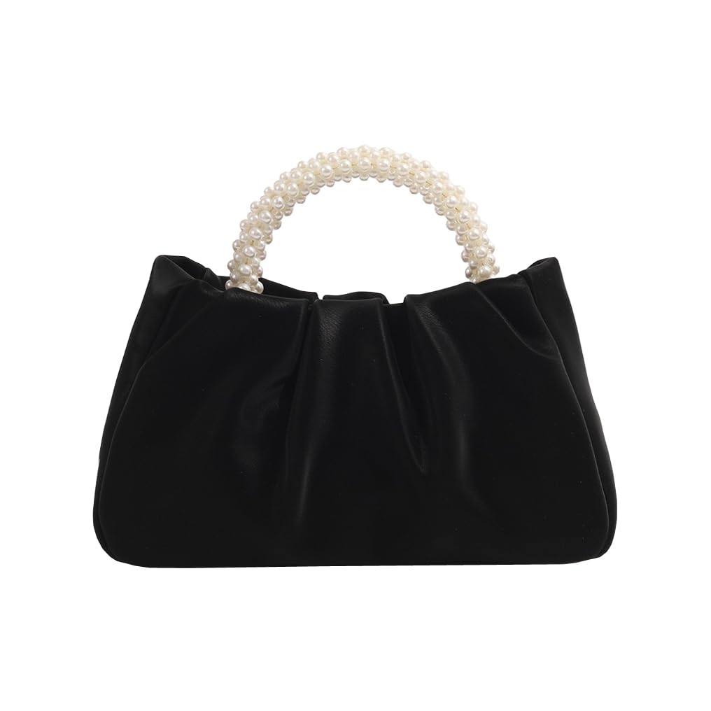 Beatfull Evening Purse Women Small Pearl Handbags Soft Leather Ruched Bag Wedding Bridal Clutch Party Prom Crossbody Purses - Black