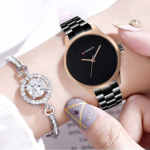 CURREN Elegant Design Women's Watch, Brilliant Hands Minimalist Dial with Adjustable Link Stainless Steel Extendable with Butterfly Clasp for Extra Safety (Gold with Blue) (Gold with Blue) (Black with