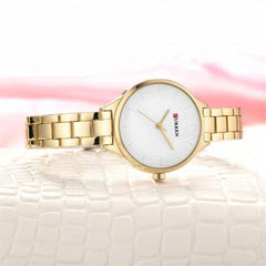 CURREN Ladies Analog Watch Gold Stainless Steel Case White Dial Gold Stainless Steel Bracelet