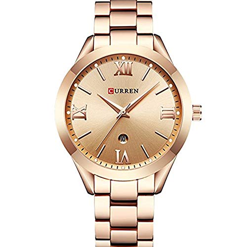 Curren 9007 Quartz Movement Stainless Steel Strap Round Analog With Date Display Rose Gold Watch for Women