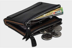 Crazy Horsehide Leather Wallet Men Purse With Double Zipper Short Wallet Money Clip black