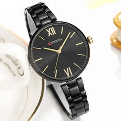 CURREN Ladies Analog Watch Black Stainless Steel Case Black Dial Black Stainless Steel Bracelet - Black