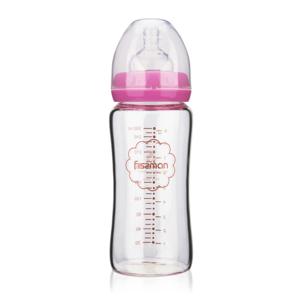 Fissman Baby Feeding Glass Bottle, Light and Slim Bottle Easy to Hold, Food Grade Borosilicate Glass, Wide Neck, Dishwasher And Easy to Clean, BPA Free 260ml (Pink)