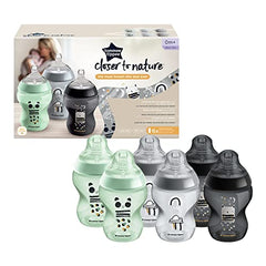 Tommee Tippee Closer to Nature Baby Bottles, Slow-Flow Breast-Like Teat with Anti-Colic Valve, 260ml, Pack of 6, Ollie and Pip