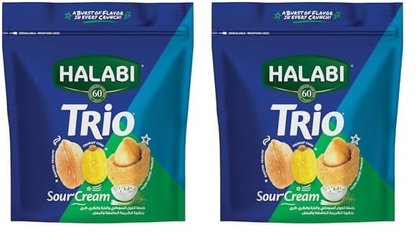 Halabi Trio Mix Sour Cream Healthy Baked Snacks - Mixed Nuts, Roasted Peanuts, Crunchy Corn, Crispy Coated Peanuts - Resealable Bag - 150g (Pack of 2)