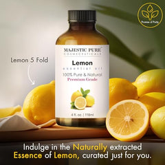 MAJESTIC PURE Lemon Essential Oil | 118 ml | 100% Pure and Natural Lemon Oil | Premium Grade Essential Oils for Hair Care, Home Diffusers, Skin, Aromatherapy, Massage and Humidifiers