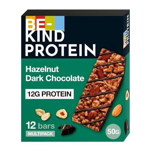 BE-KIND Hazelnut Dark Chocolate Protein Bar, 12g Plant Protein Tasty Protein Bars,Gluten Free Snacks,High Fibre,No Artificial Preservatives,No Artificial Colors, No Artificial Flavours - 50g, Pack of 12