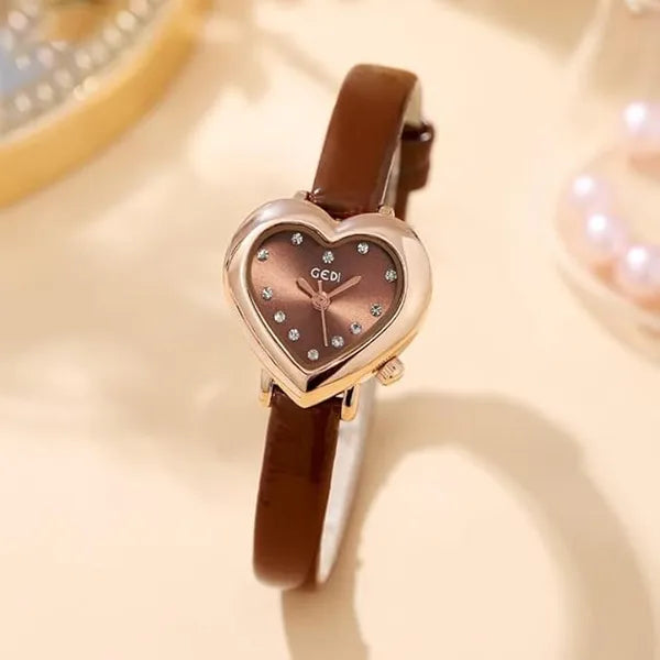 KASTWAVE Chic Heart-Shaped Women's Luxury Watch – Diamond Accents, Genuine Leather Strap, Waterproof Quartz Movement, Elegant & Versatile Ladies Wristwatch