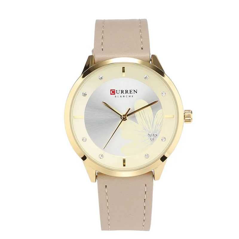 CURREN 9048 Top Brand Women Watch Quartz Watch Flower Pattern Dial Leather Strap Fashion Ladies Wristwatch - Camel