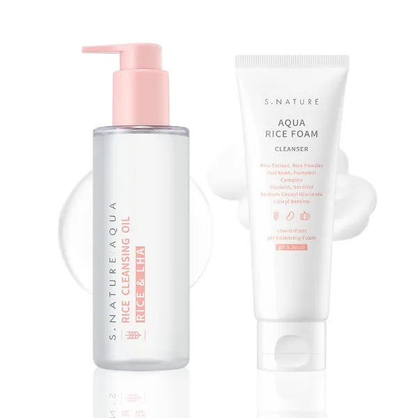 S.NATURE Mild Cleanser Duo For Faicial Cleansing: Aqua Rice Cleansing Oil 200ml + Aqua Rice Foam Cleanser 160ml