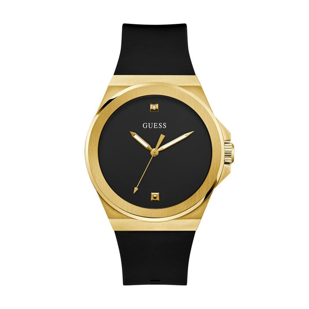 GUESS BR GLD CS W/BR GLD TR/SUN BLK DMND DL/BLK SMTH SILICONE STRP