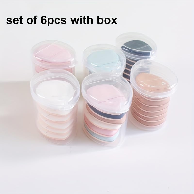 6pcs Mini Finger Puff With Box Makeup Sponge Puff Set With Container Makeup Puff Set Small Mini Powder Puff With Package Finger Sponge Set With Packing Cream Concealer Applicator Cushion, Pack of 6