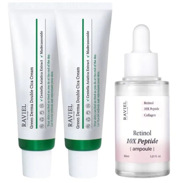 RAVIEL Skin Repair Set | Cica Calming&Soothing Moisturizer(1.69 Oz X 2Pcs) + Retinol 10X Peptitde Pore Care Serum(1.01 Oz) | Korean Skin Care