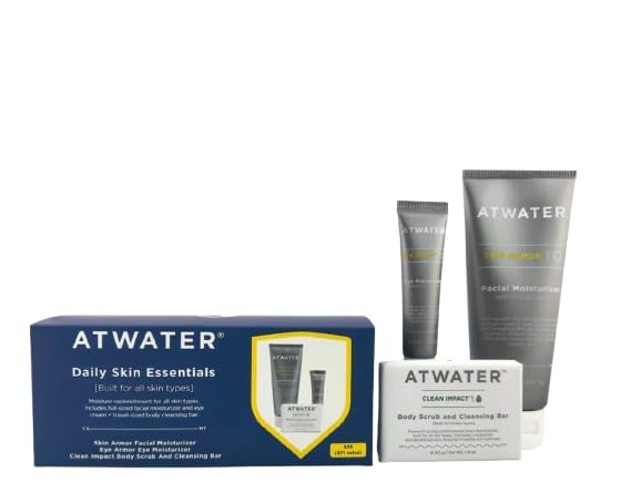 ATWATER Daily Skin Essentials Bundle, Complete Men's Skincare Kit with Award-Winning Face Moisturizer, Eye Cream and Body Scrub Bar - 3 Piece Set