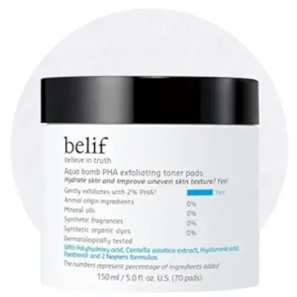 belif PHA 2% Toner Pads Gentle Exfoliating Facial Polish for Pore Care, Hydrating & Soothing with Panthenol & Cica, Double Sided Texture, Ideal for Sensitive Skin, Korean Skincare (70 Pads)