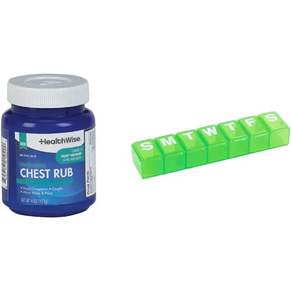 HealthWise Medicated Chest Rub, EZY DOSE Pill Organizer and Vitamin Case - Cough Suppressant, Nasal Decongestant, Pain Relief, 7-Day Pill Reminder