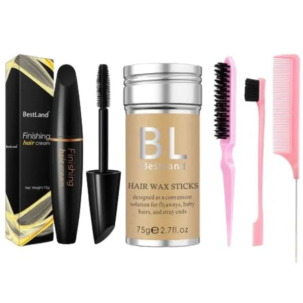 BestLand 5 Pcs Hair Wax Stick Set - Flyaways Edge Control - Wax Stick for Hair, Hair Mascara Stick, Hair Styling Comb Set - Slick Back Gel for Kids & Women, Hair Bun Maker and Accessories (Pink)