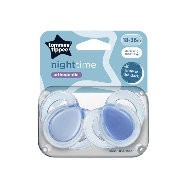 Tommee Tippee Night Time Soothers, Symmetrical Orthodontic Design, BPA-Free Silicone Baglet, Includes Steriliser Box, 18-36m, Pack of 2, Star