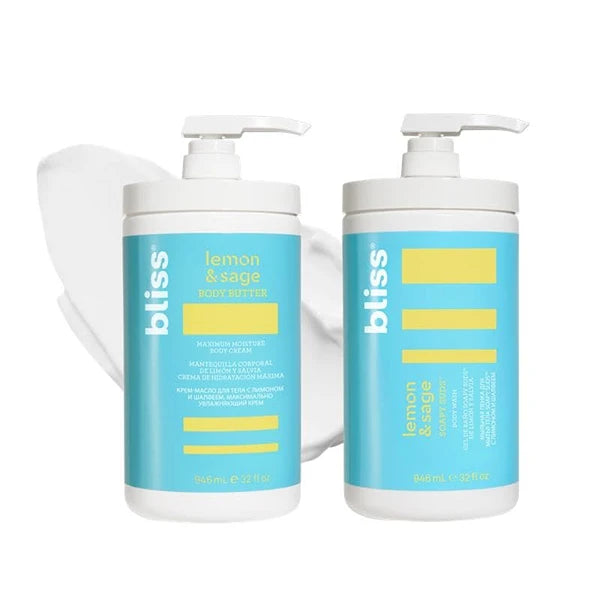 Bliss Lemon & Sage Mega Moisture Duo: Lemon and Sage Body Butter - Maximum Moisture Cream and Soapy Suds Body Wash