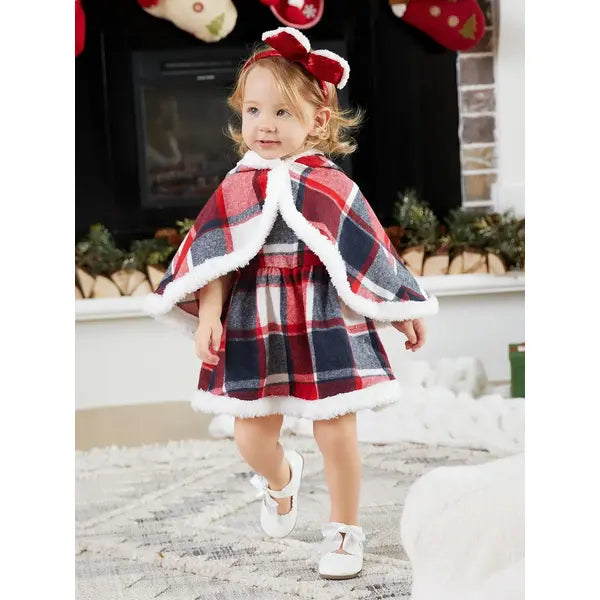 Patpat 2PCS Baby Girl Grid/Houndstooth Pattern Christmas Sweet Hooded Suit Dress/Cloak