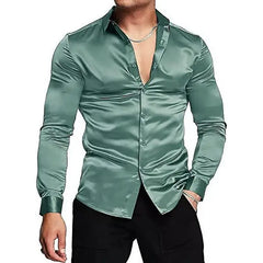 Mens Silk Shirts Long Sleeve-Luxury Shiny Silk Satin Party Dress Shirt Button Up Casual Muscle Fit for Men