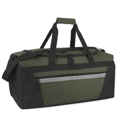 40 Liter 22 Inch Duffle Bag with Reflective Stripe, Front Accessory Pocket, Velcro Handles, Dual Zipper Closure and Luggage Strap for Traveling, Commuting, Sports and Gym Equipment in Black & Silver`