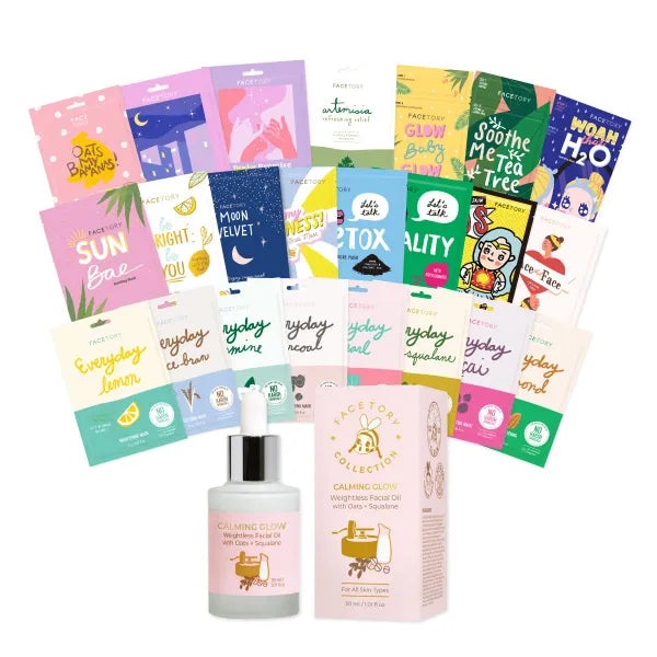 FACETORY Calming Glow Oats Facial Oil & 23 Sheet Mask Set Bundle Nourishing Facial Oil for Soothed and Hydrated Skin Sheet Mask Set for Radiant and Plump Complexion